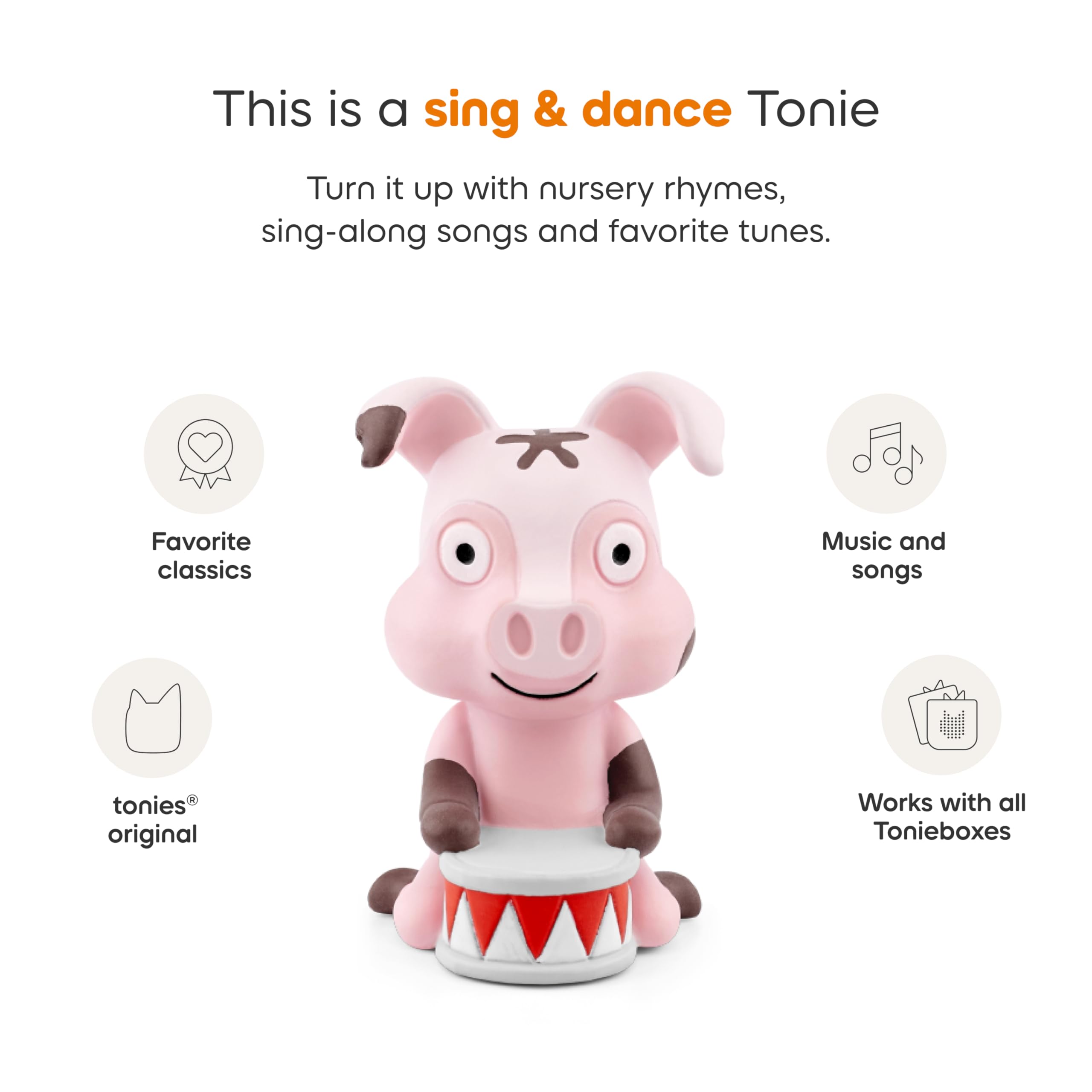 Tonies Animal Songs character pictured beside animals for sound-based discovery.