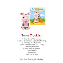 Tonies Animal Songs cover showing ten tracks and friendly animals for listening.