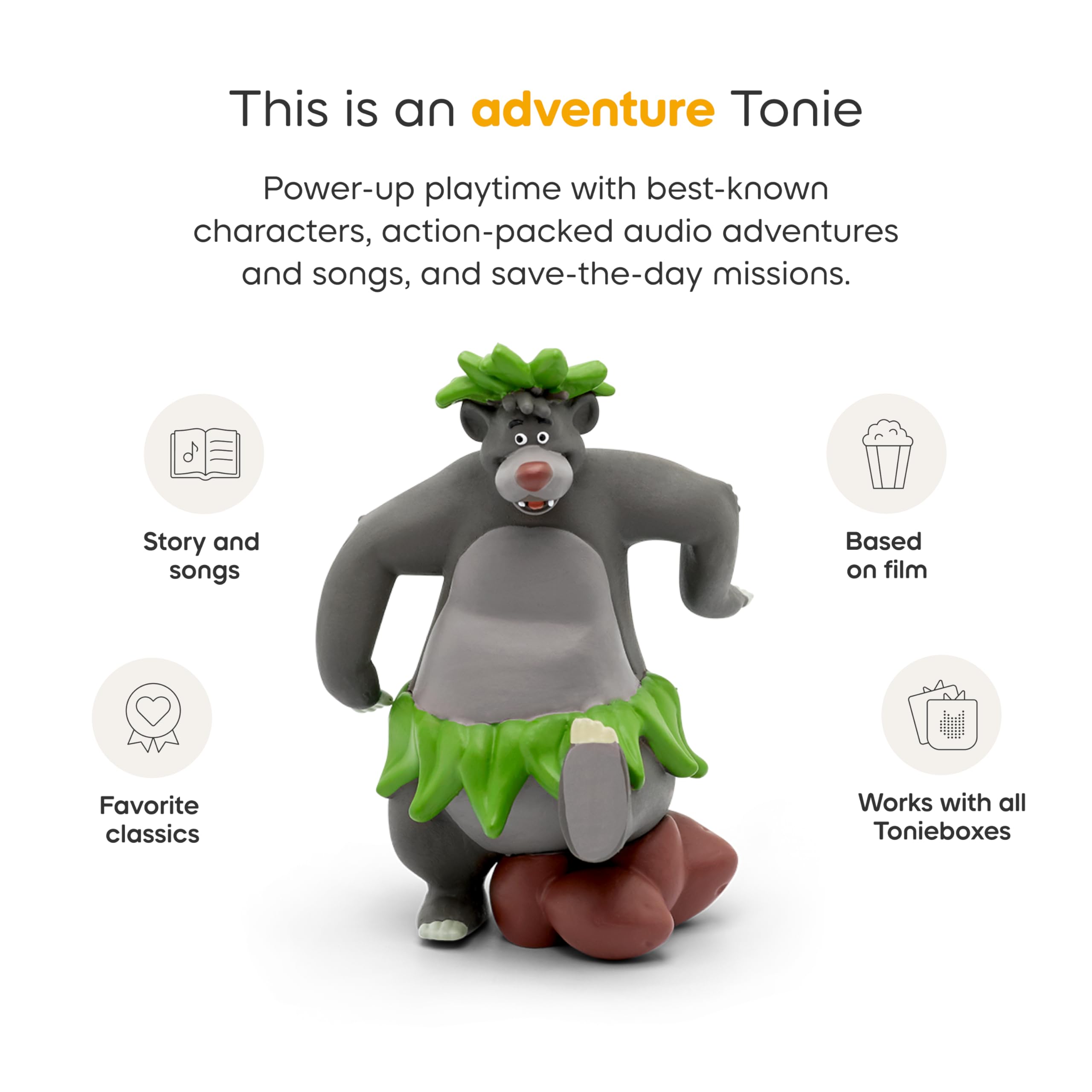 Tonies Baloo figurine on Toniebox demonstrates easy audio access.