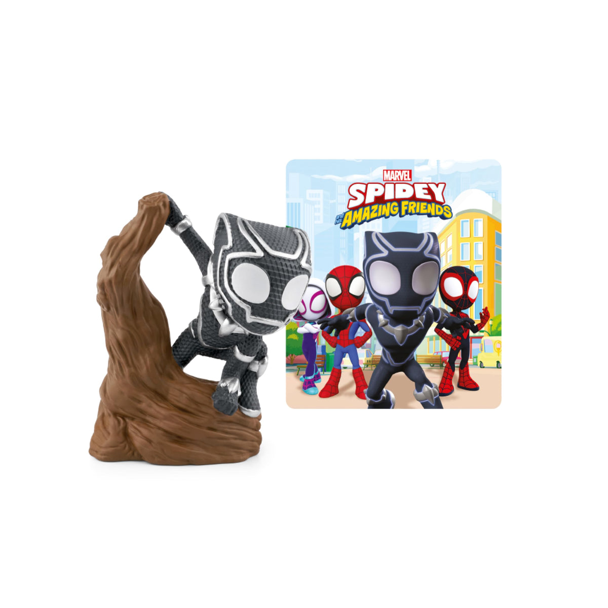 Tonies Black Panther figurine in a park scene for imaginative play and storytelling.