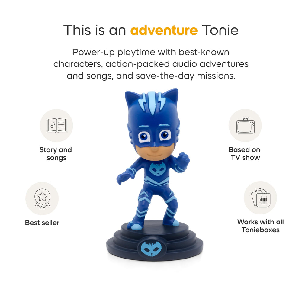 Tonies Catboy near a Toniebox invites kids to press and listen