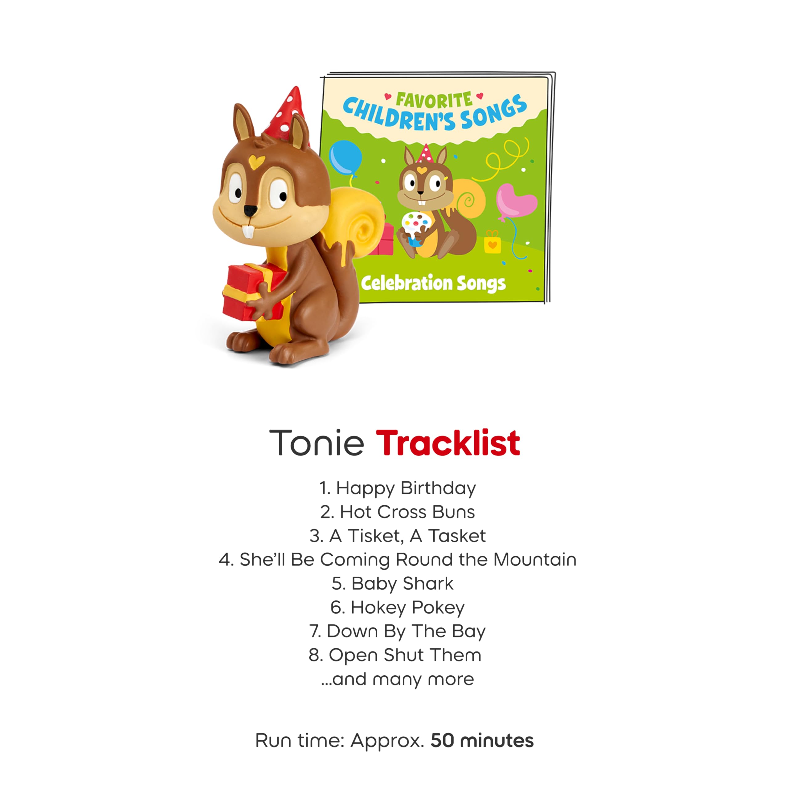 Tonies Celebration Songs packaging emphasizes easy setup with Toniebox.