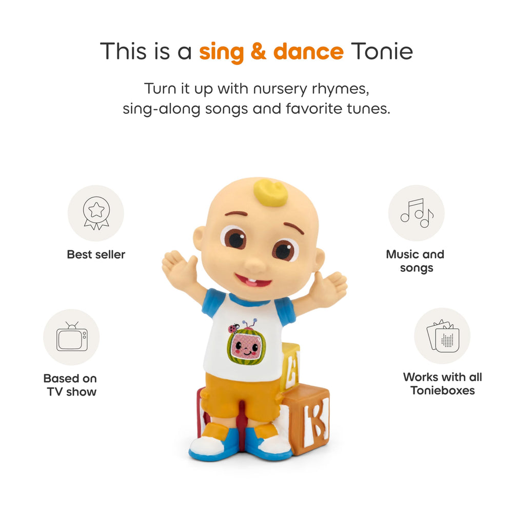 Tonies CoComelon JJ packaging shot shows gift-ready design for ages 3 plus.