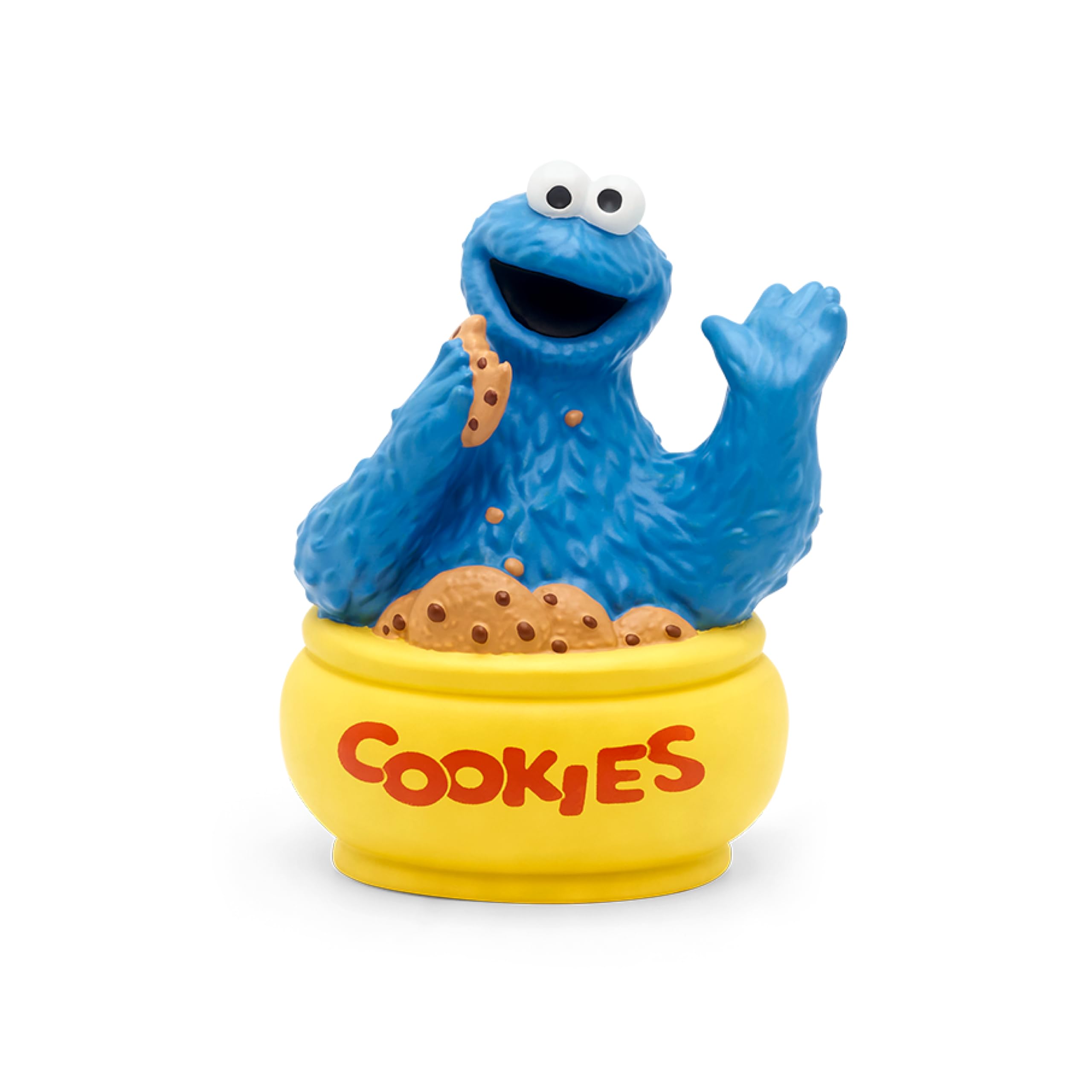 Cookie Monster holding a Toniebox for easy playback at home