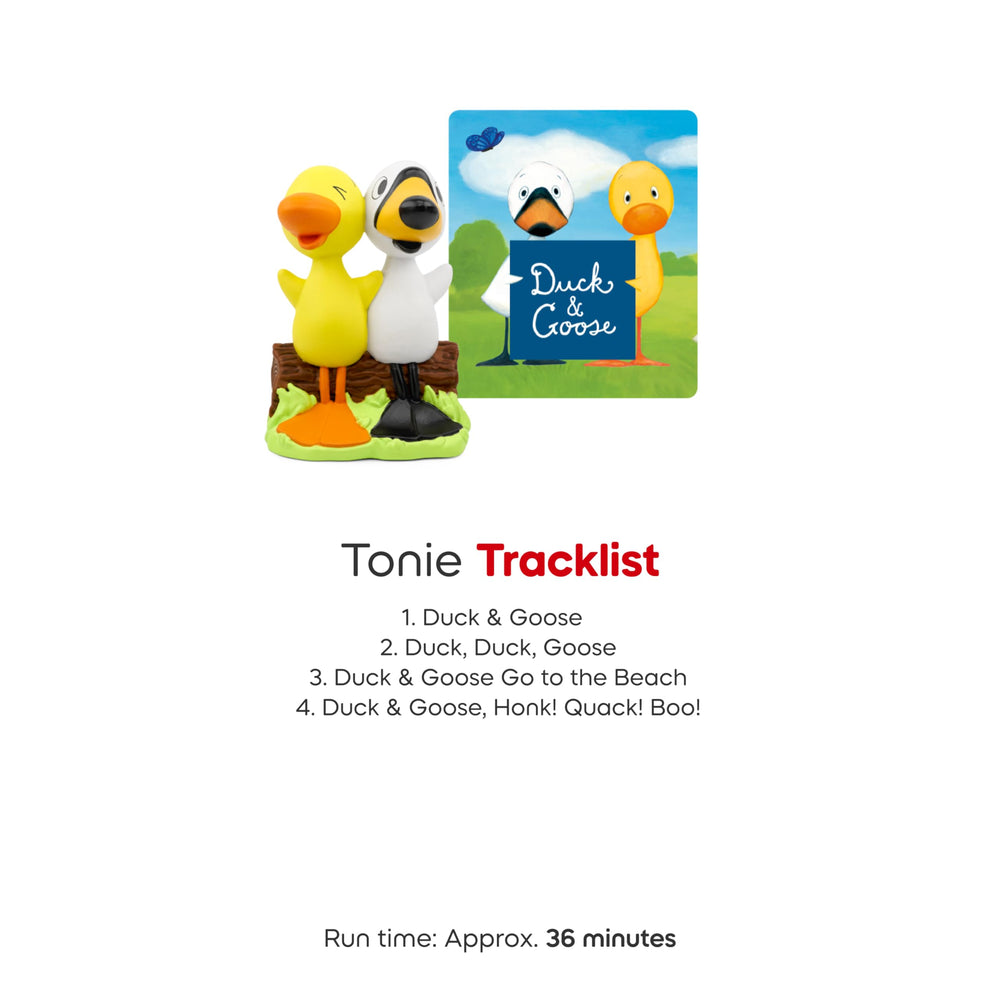 Tonies Duck & Goose beside Toniebox ready for interactive audio play.