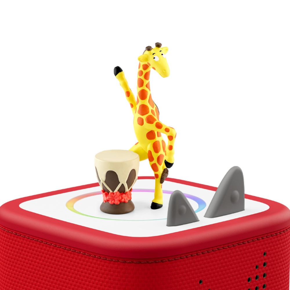 Tonies Gerald giraffe story pack cover showing three tales and a song.