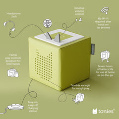 Green Toniebox charging station shown for easy daily recharging.