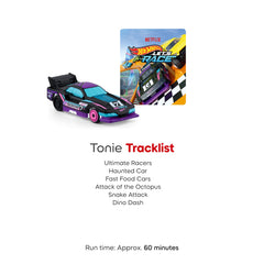 Tonies Hot Wheels story bundle showing six tales for 60 minutes of listening