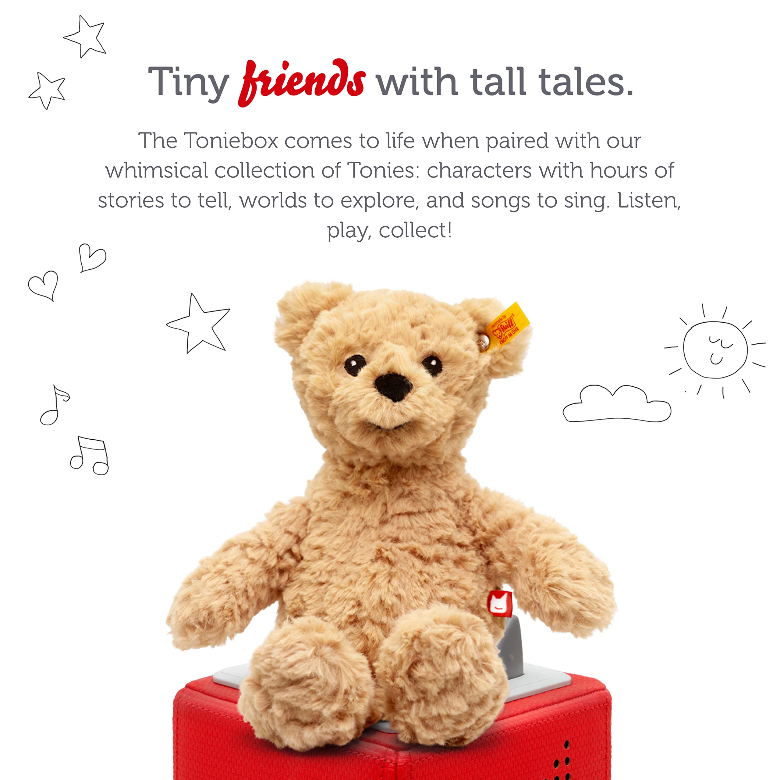 Tonies Jimmy Bear plush displaying nine stories for cozy, screen-free storytelling sessions.
