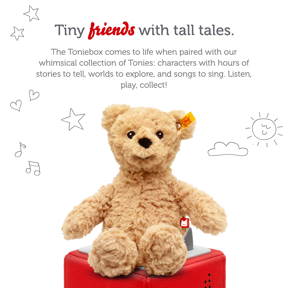 Tonies Jimmy Bear plush displaying nine stories for cozy, screen-free storytelling sessions.