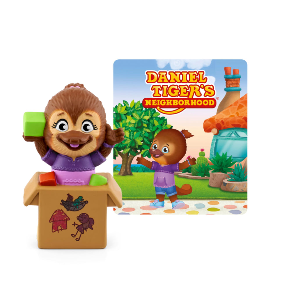 Tonies Jodi Platypus figurine beside Daniel Tiger scene for imaginative storytelling.