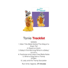 Tonies Lady and the Tramp tracklist graphic highlights songs and story segments.