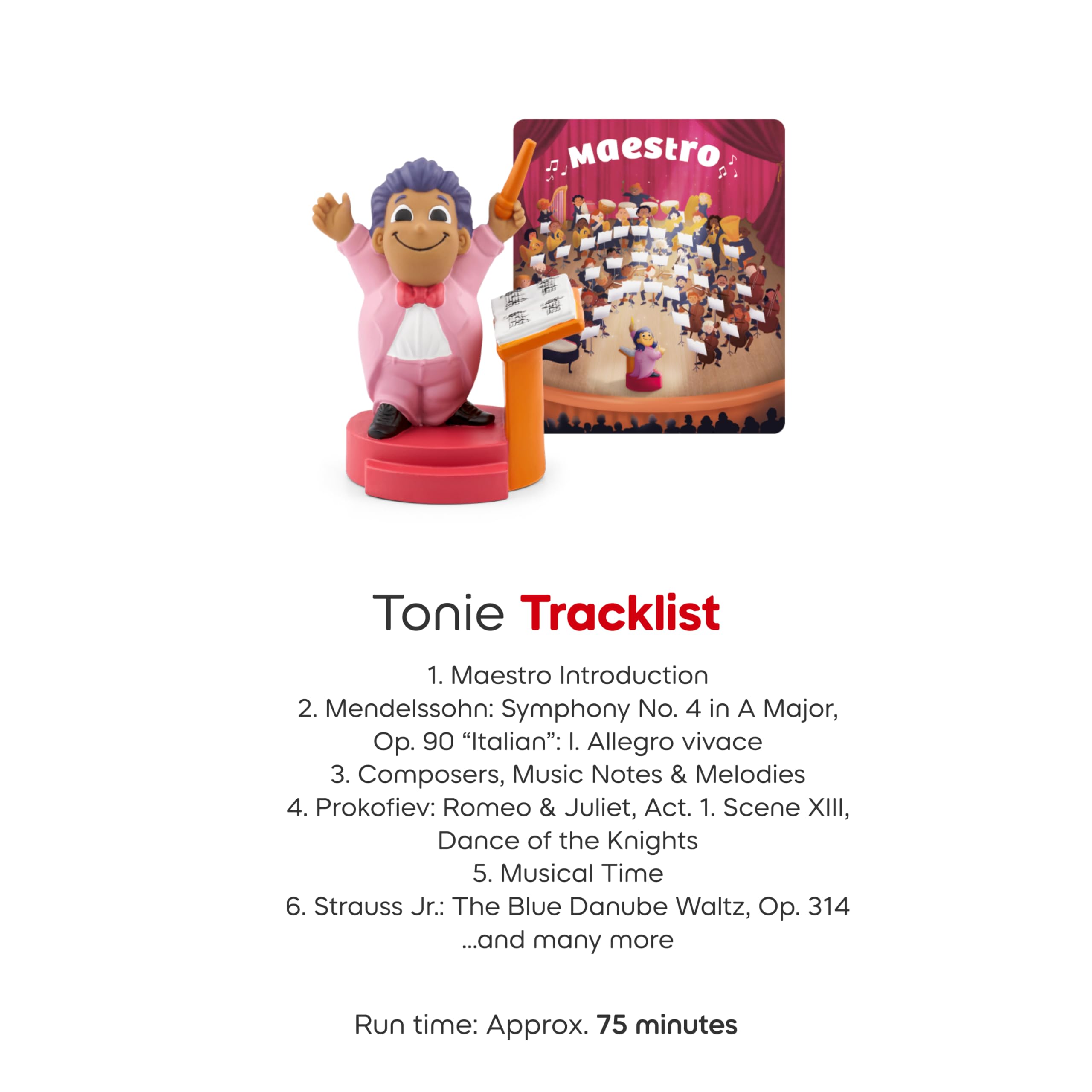 Tonies Maestro playtime image conveys a 75-minute listening journey for kids