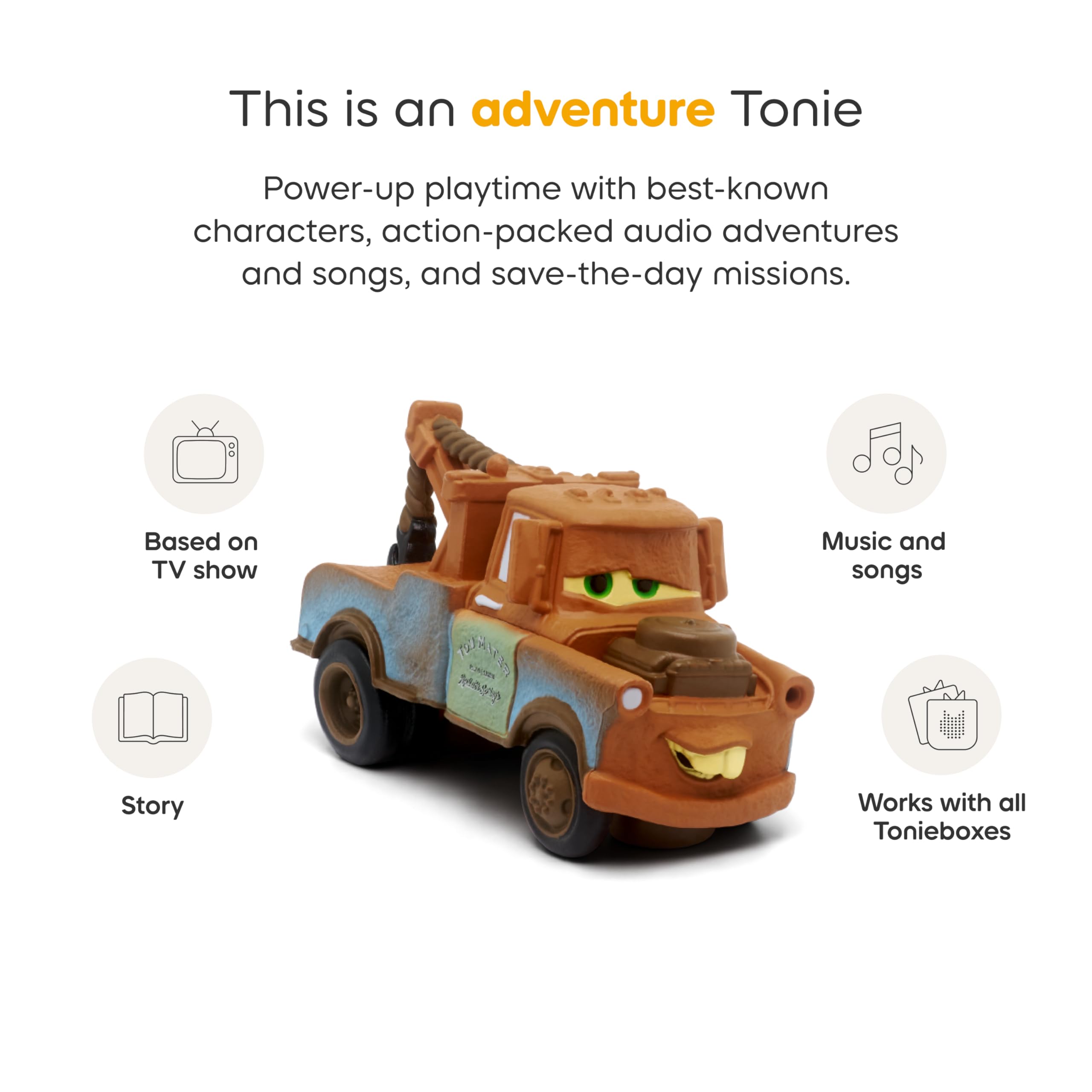 Tonies Mater close-up highlights the Cars 2 figurine for tactile play.