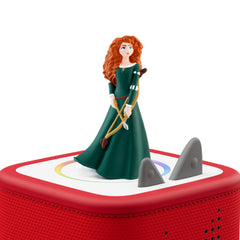 Tonies Merida Brave journey graphic highlighting songs and a story for imagination.