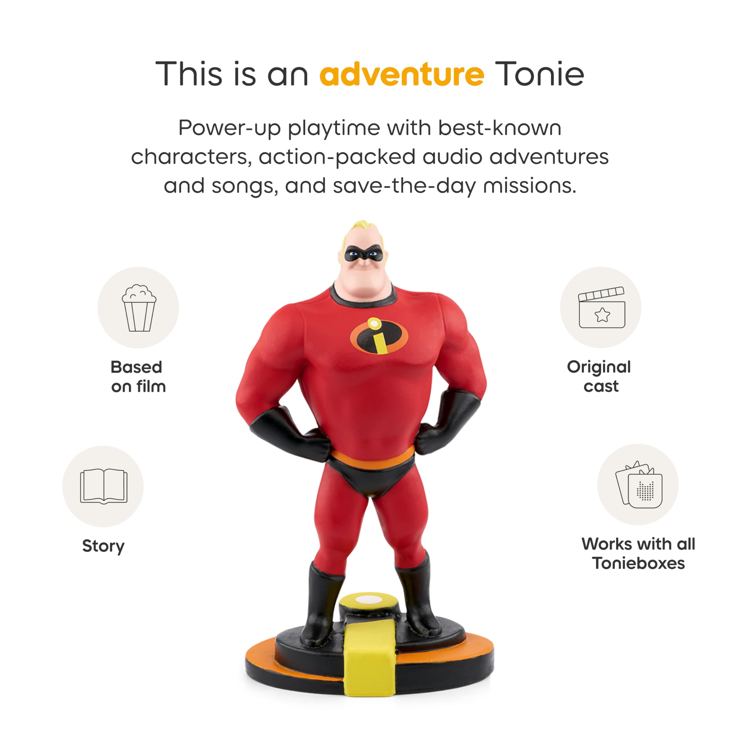 Tonies Mr. Incredible story card presents the adventure title for quick selection.