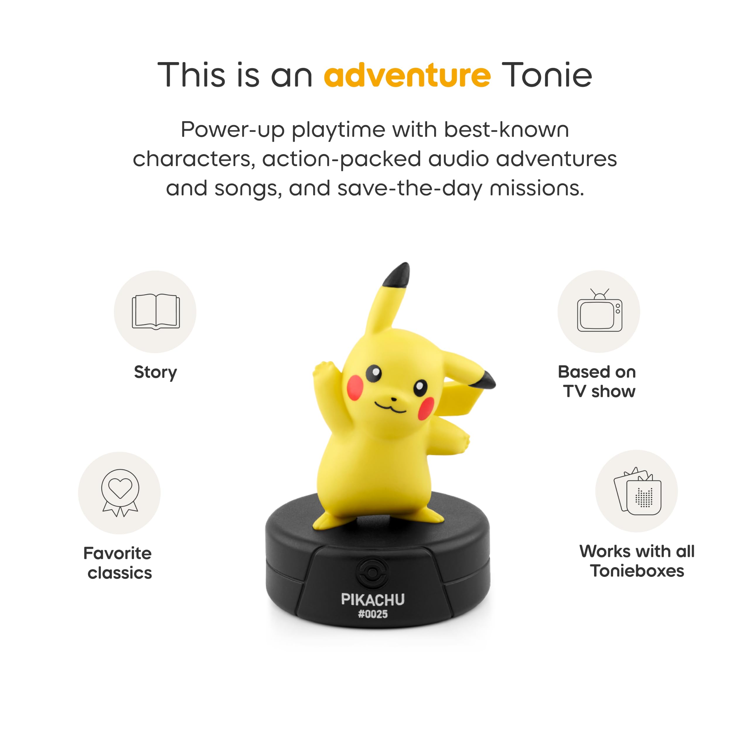 Tonies Pikachu next to a hand for scale to show kid-friendly size