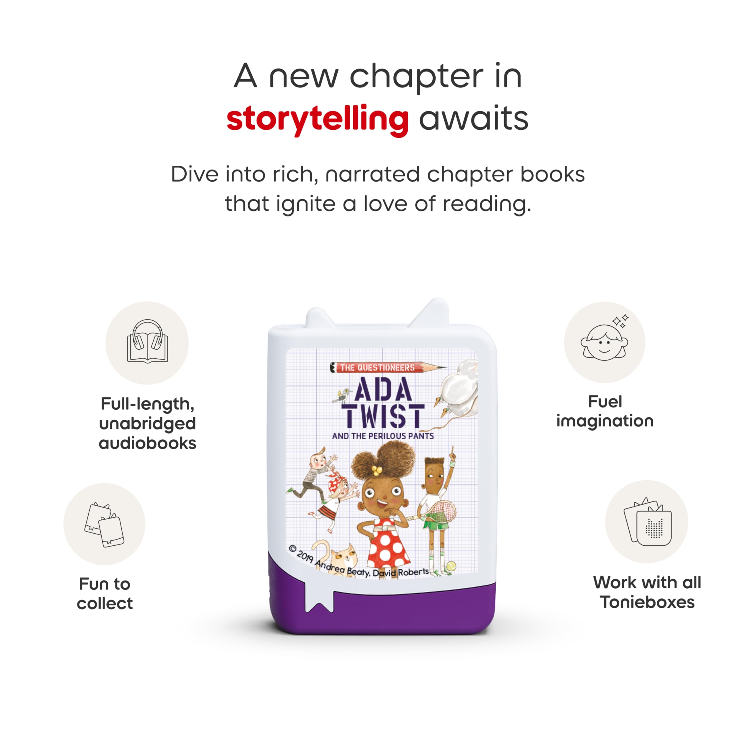 Tonies Ada Twist cover art showcasing curiosity-driven adventures and problem-solving themes.