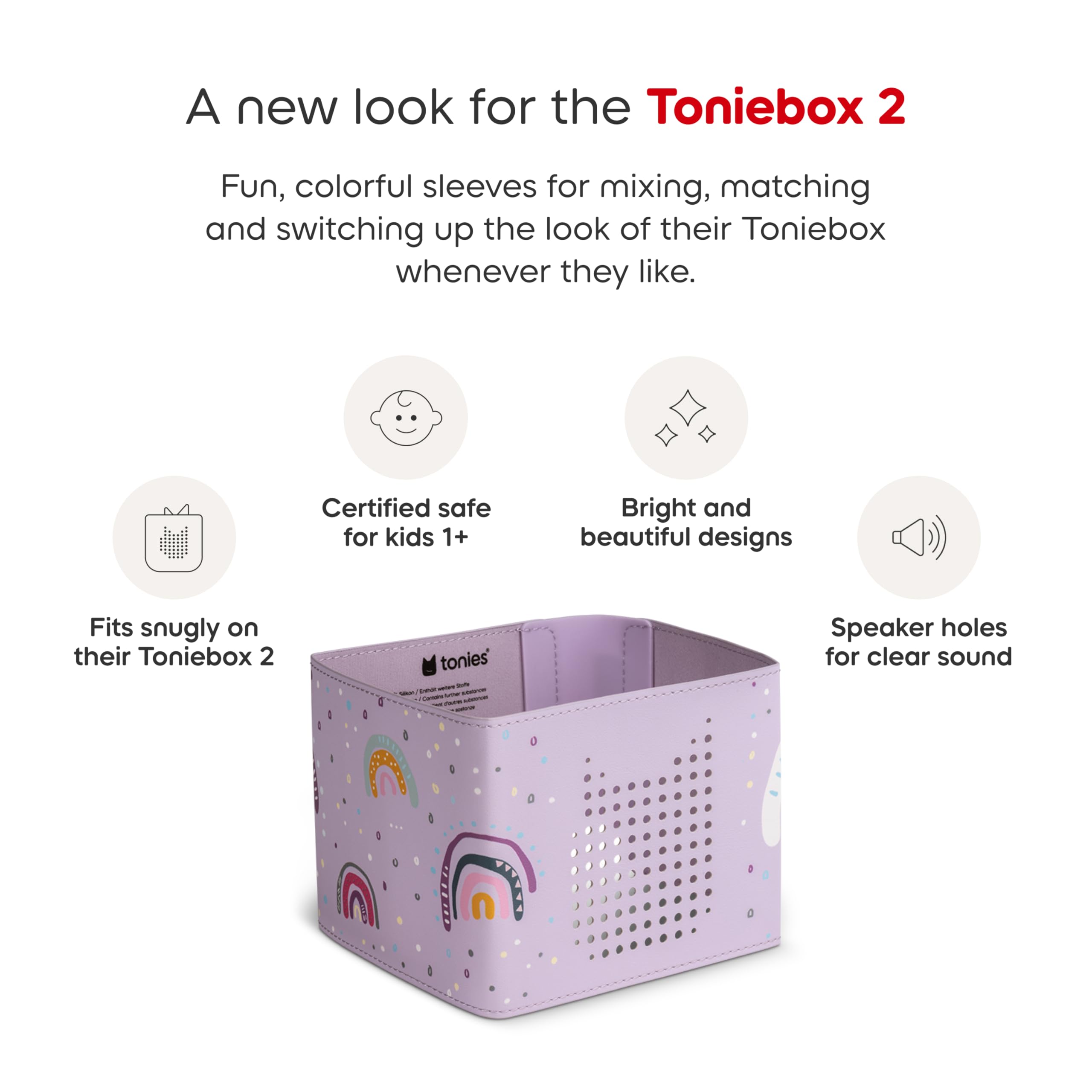 Tonies rainbow sleeve closeup silicone edge supports durability and kid safety.