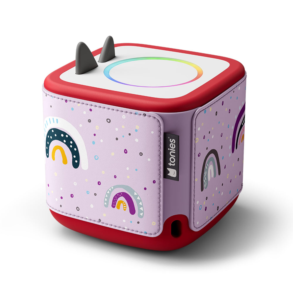 Tonies rainbow sleeve lifestyle shot suggests playful room decor and easy customization.
