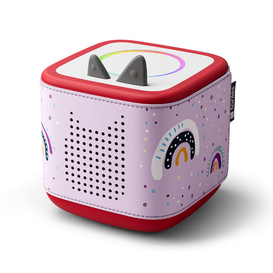 Tonies Rainbow Sleeve on Toniebox 2 enhances personal style without affecting sound.