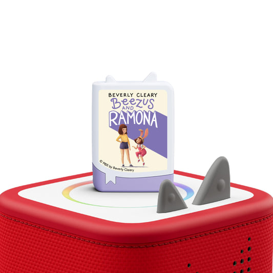 Tonies Ramona Audiobook Set 4 Pack box with Toniebox shows convenient home listening setup.