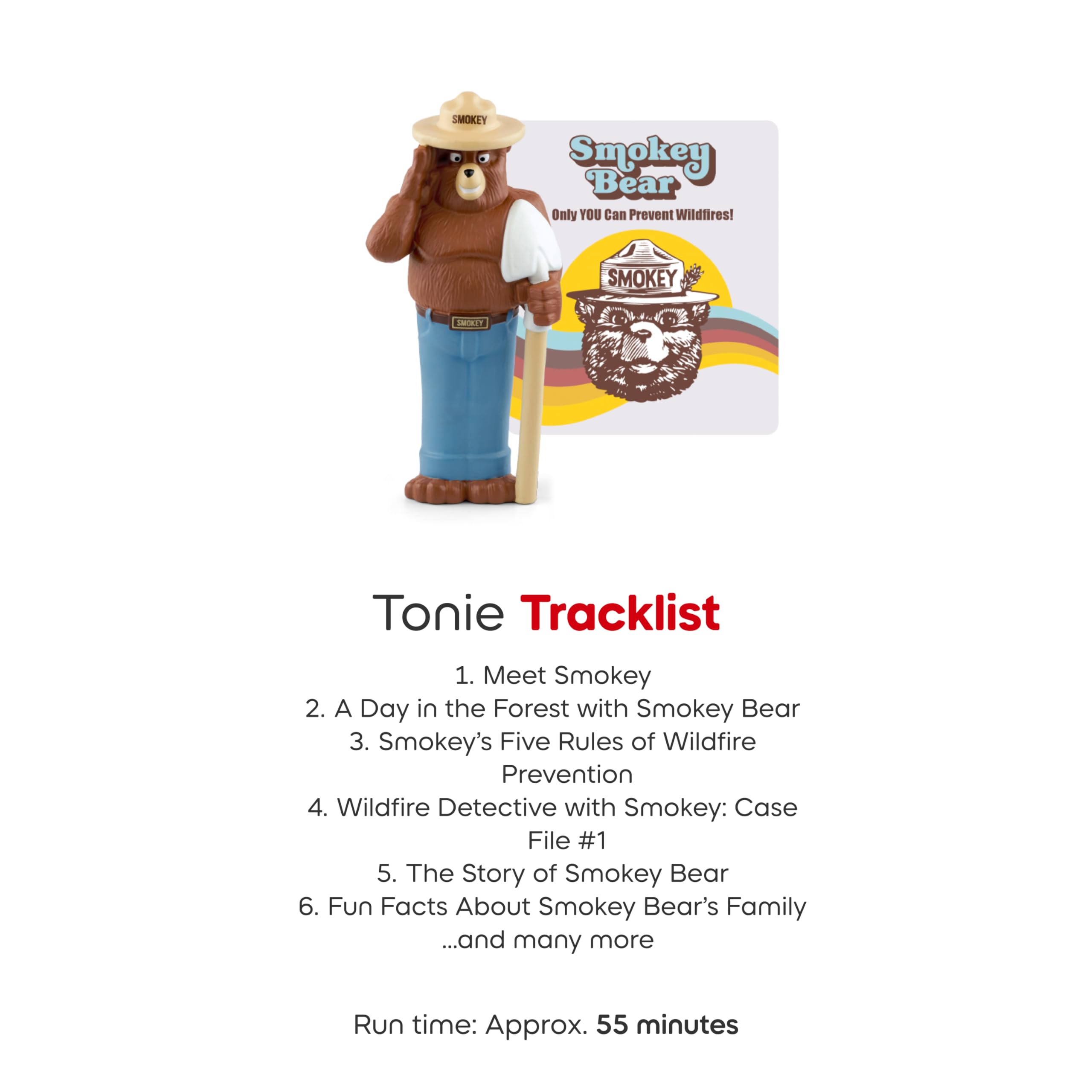 Tonies Smokey Bear audio content card notes one song and thirteen stories.