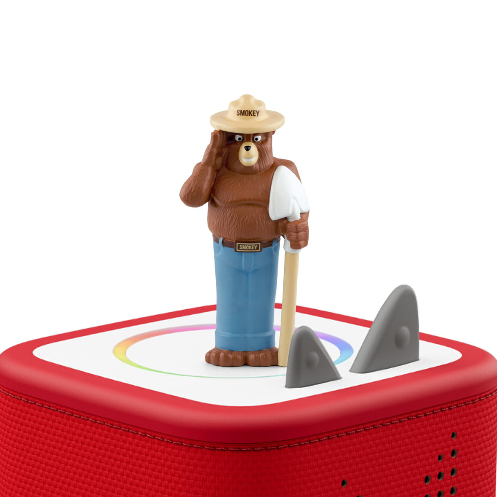 Tonies Smokey Bear figurine shown with a Toniebox for easy screen-free audio adventures.