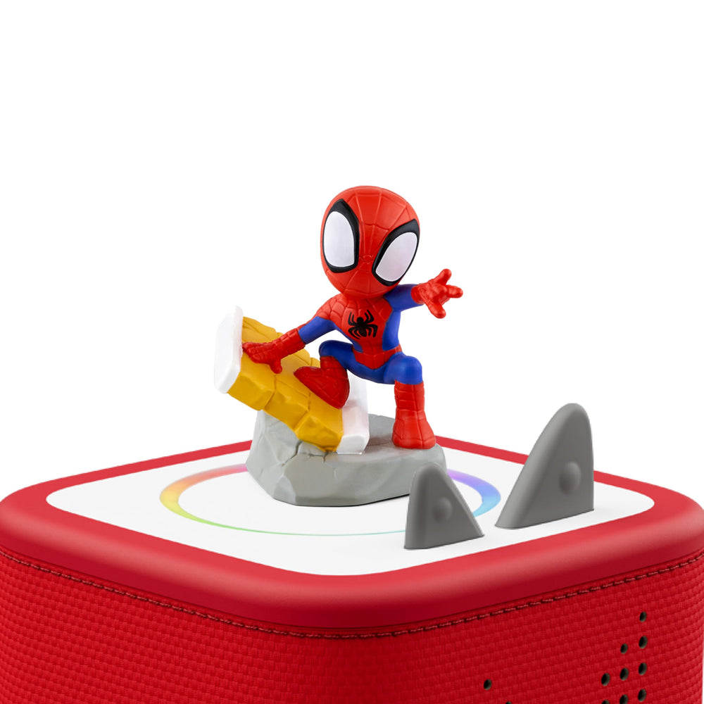 Tonies Spidey content packaging showing songs and a story for kids
