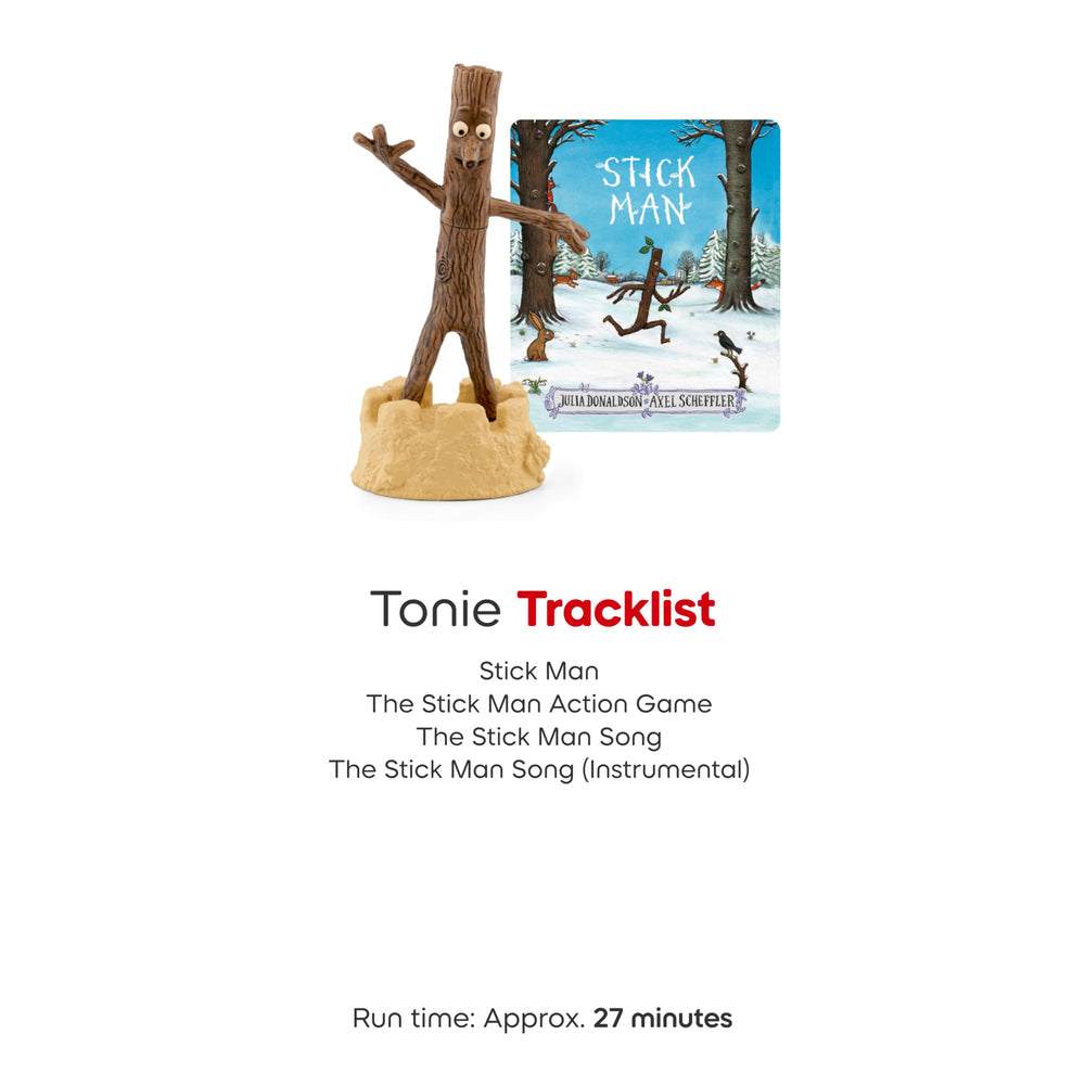 Tonies Stick Man story track runs about 27 minutes with songs and narration.