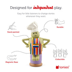 Tonies Tiny Chef with accompanying books and songs promoting early literacy and listening.