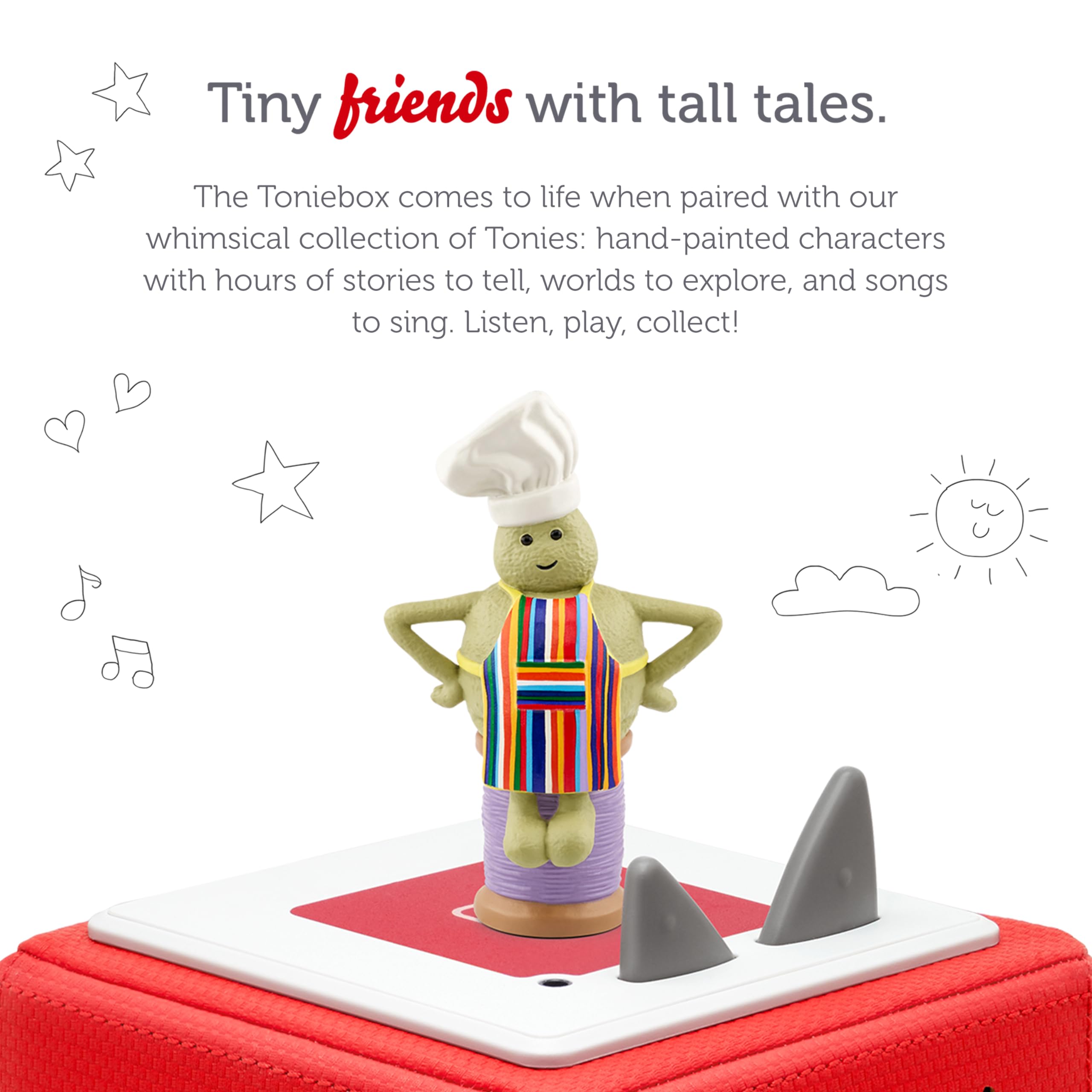 Tonies Tiny Chef green character in hand ready for quiet playtime and storytelling.