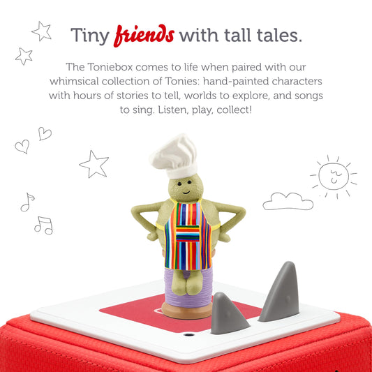 Tonies Tiny Chef green character in hand ready for quiet playtime and storytelling.