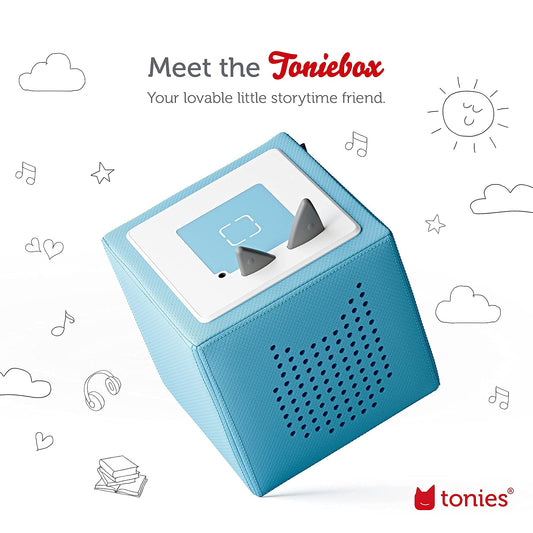 Tonies charging station keeping the light blue Toniebox powered and ready