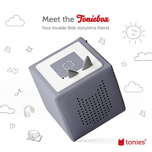 Tonies Toniebox gray side view emphasizes compact, child-friendly controls for independent use.