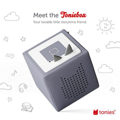 Tonies Toniebox gray side view emphasizes compact, child-friendly controls for independent use.