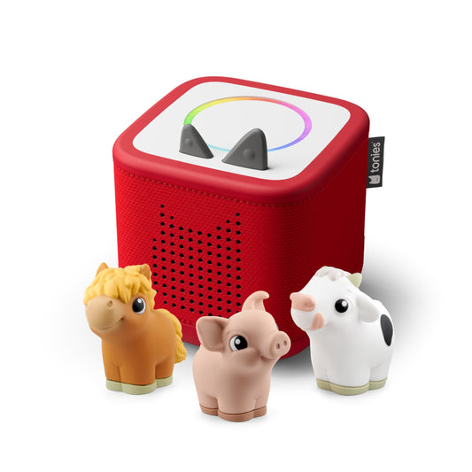 Tonies Toniebox 2 in Sunset Red ready for independent play and bedtime routines.