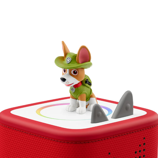 Tonies Tracker close-up promotes bilingual listening with English and Spanish stories.
