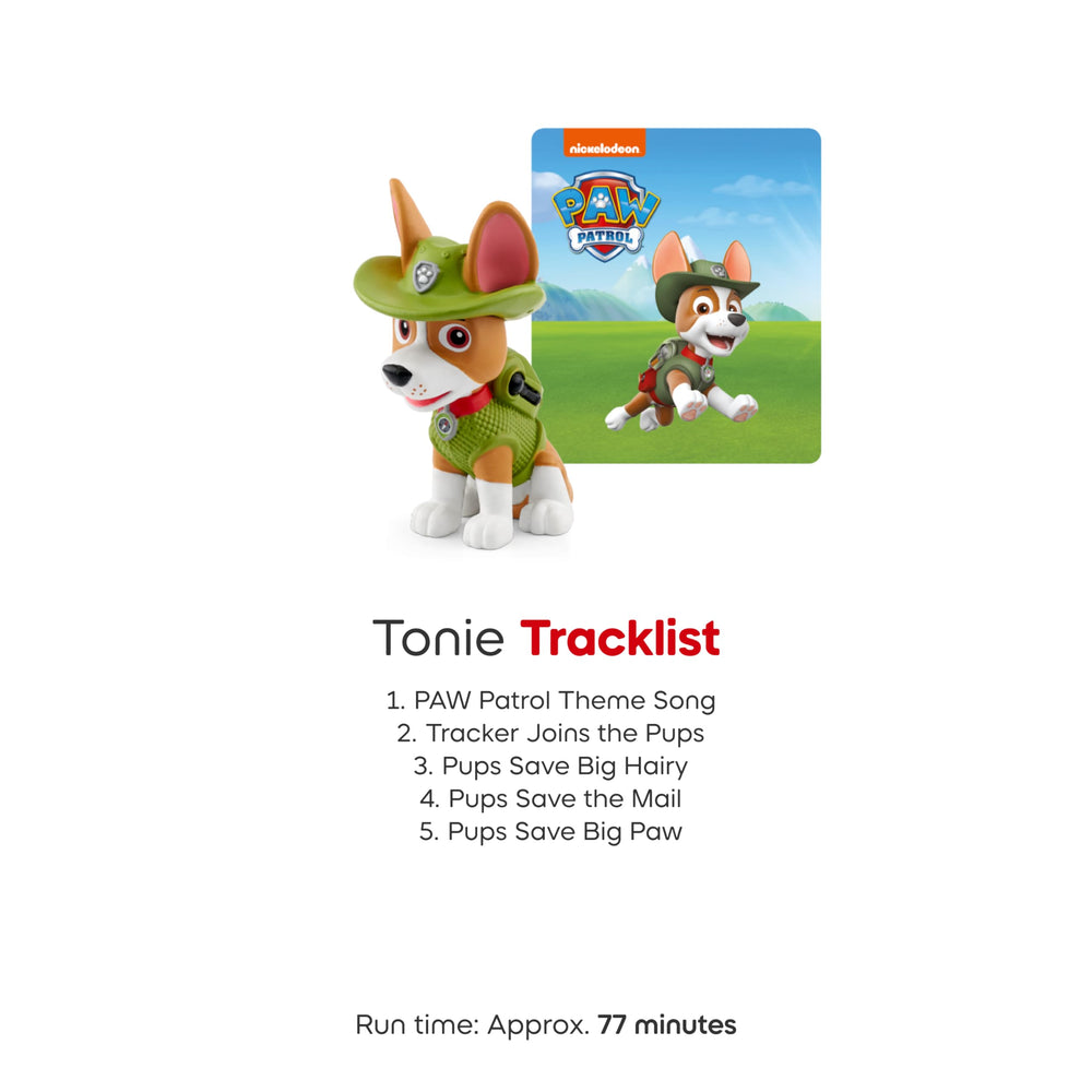 Tonies Tracker packaging and song list highlight content and runtime.