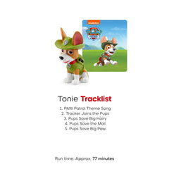 Tonies Tracker packaging and song list highlight content and runtime.