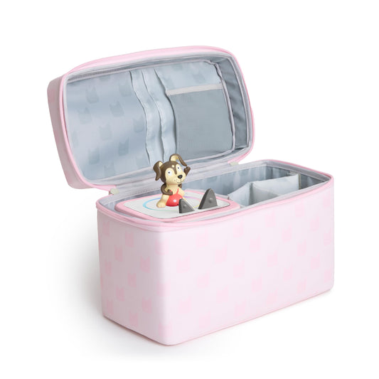 Tonies travel bag cloud pink packed with Toniebox 2 and accessories for adventures.