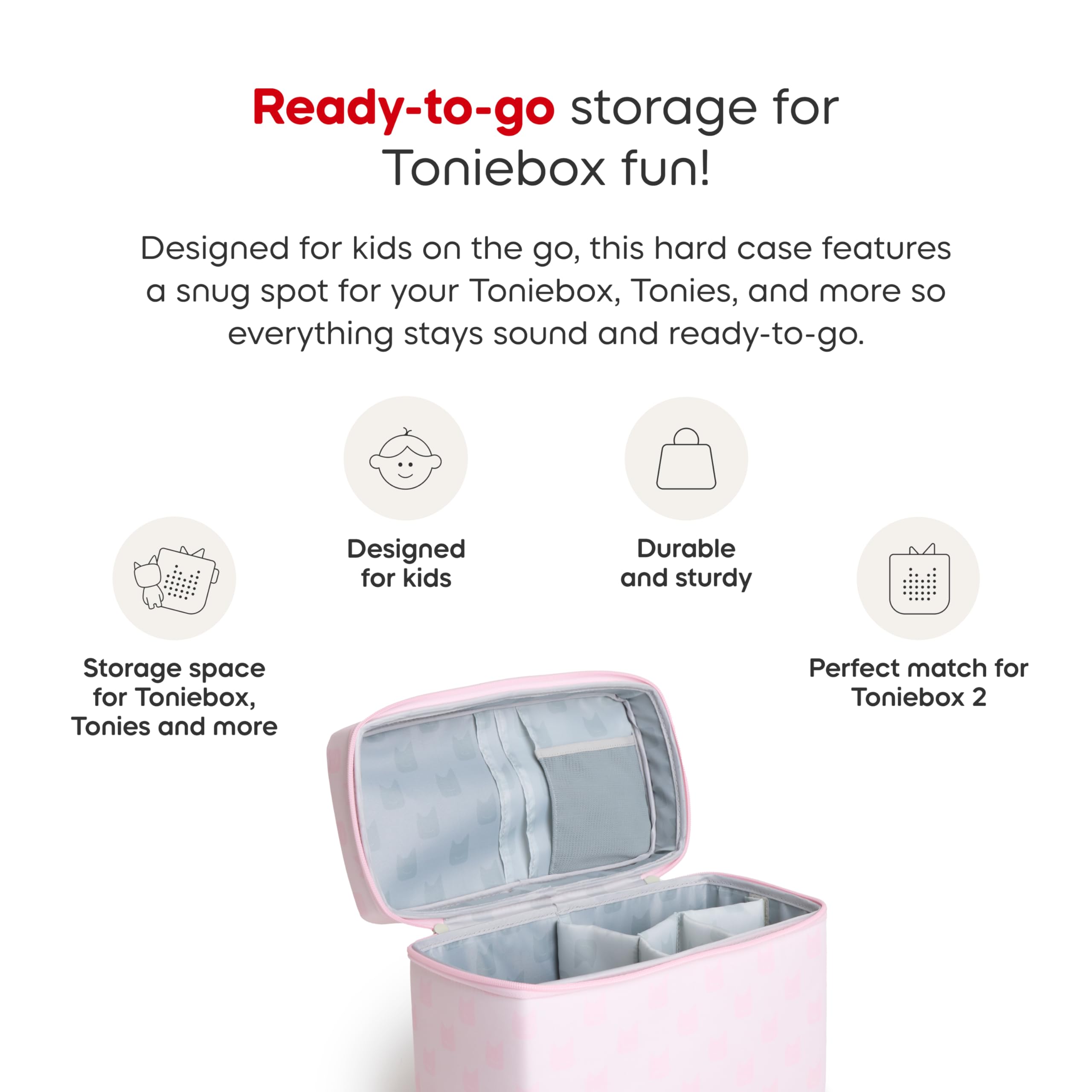 Tonies travel bag cloud pink zipper close emphasizes secure transport.