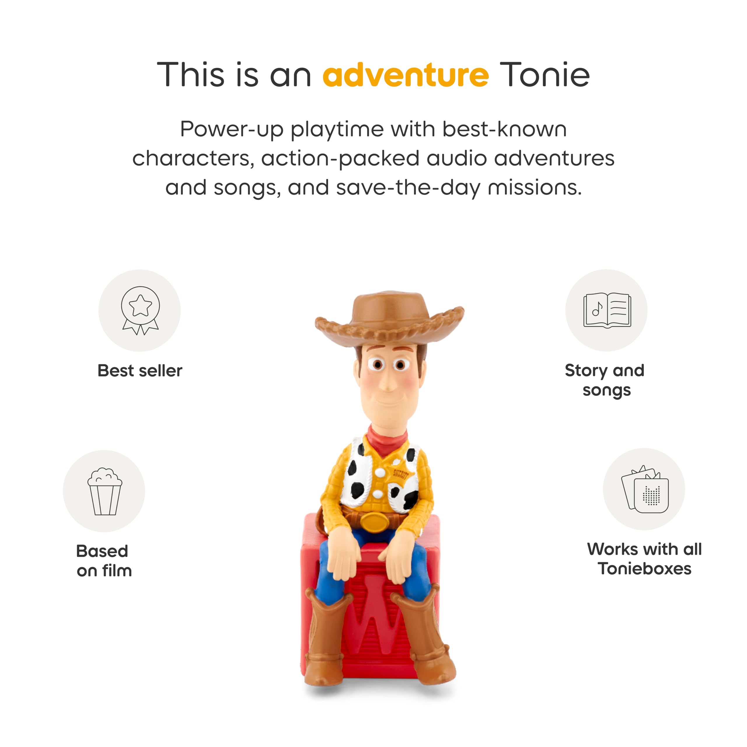 Tonies Woody on Toniebox ready-to-listen adventures during car rides.