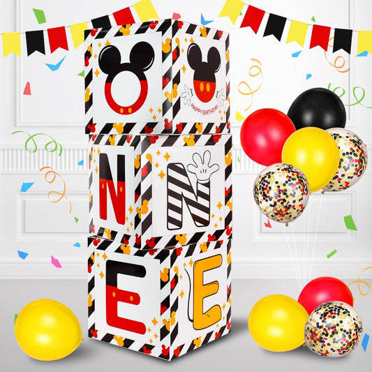 TONIFUL mouse 1st birthday balloon box in red, yellow and black for a playful centerpiece.