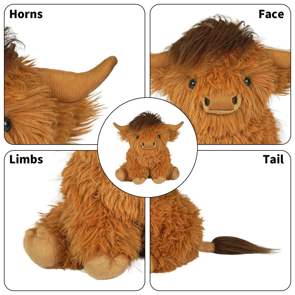 Tonpect Highland Cow plush close-up showing detailed face and eyes.
