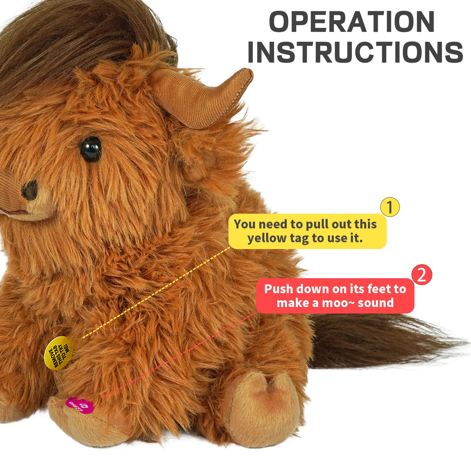 Tonpect Highland Cow plush used as cozy home decor on a shelf or bed.
