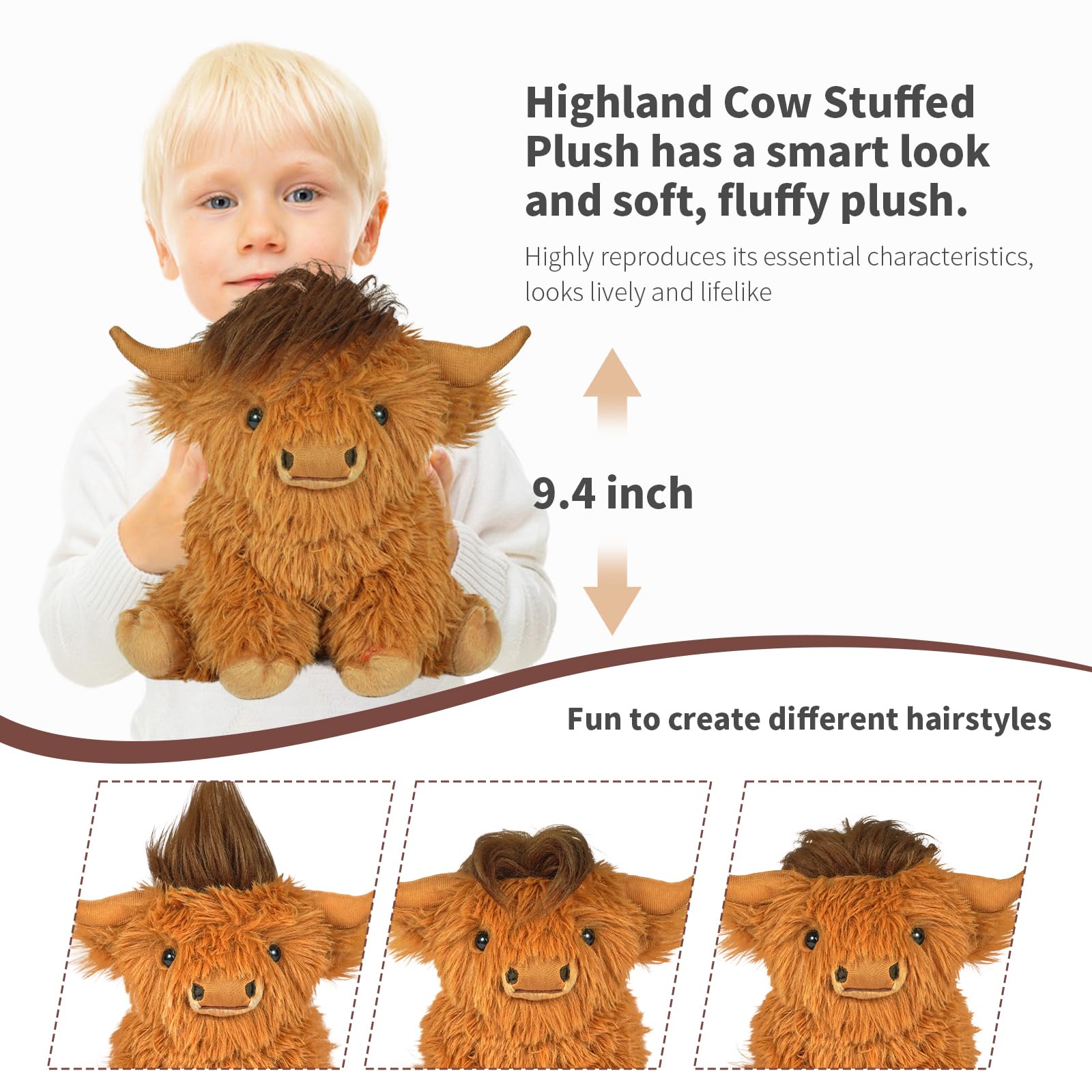 Tonpect Highland Cow plush highlighting long hair and soft brown fur.