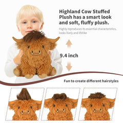 Tonpect Highland Cow plush highlighting long hair and soft brown fur.