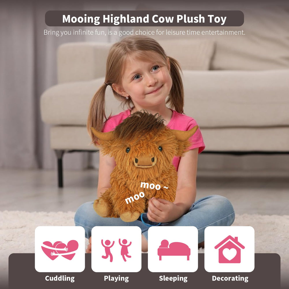 Tonpect Highland Cow plush standing true to size for shelf or desk display.
