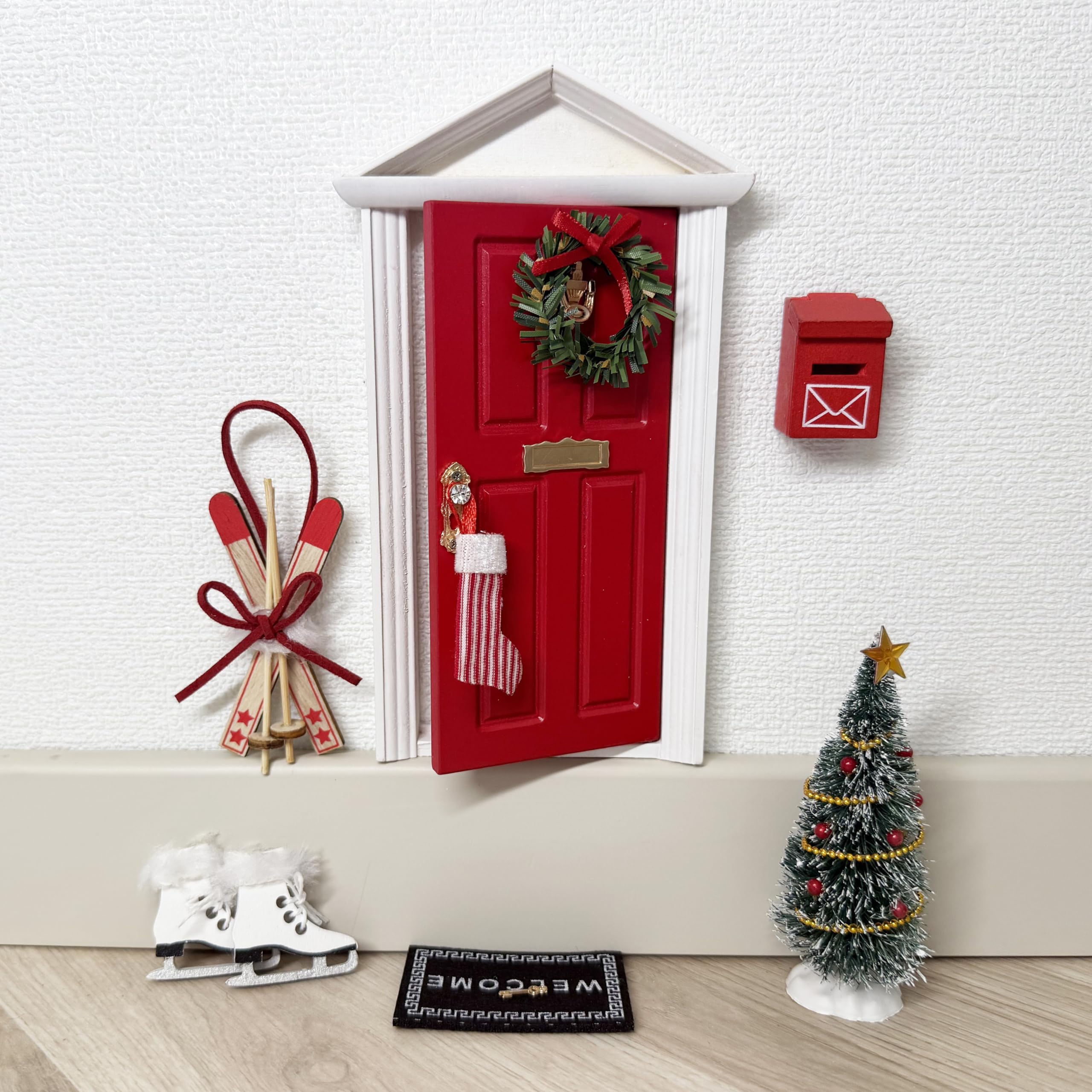 Tonttuovi elf door dimensions 7.5x3.5 inches fit on shelves or dollhouses.